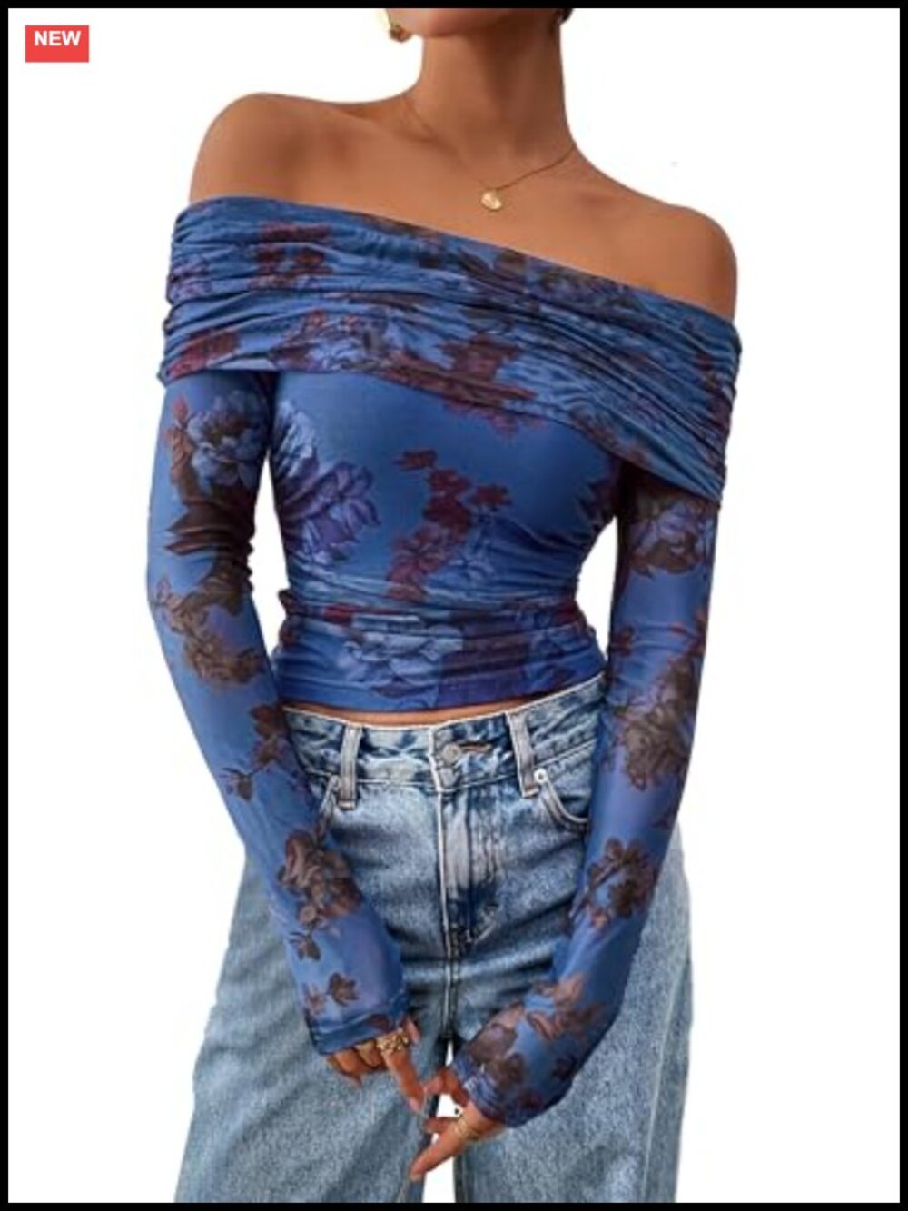 Off Shoulder Floral Mesh Long Sleeve Ruched Bodycon Top